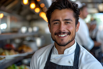 Smiling young Hispanic chef standing in the kitchen of a luxury restaurant, space for text