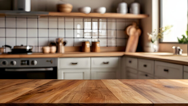 Wood table top on blur kitchen counter (room)background