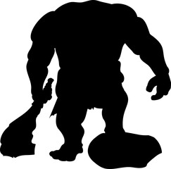 Shape of cave troll with stone thick stick. Vector illustration of cave troll holding huge club carved out of stone in his right hand and placing his left foot on large cobblestone.