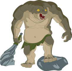 Cave troll with stone thick stick. Vector illustration of cave troll holding huge club carved out of stone in his right hand and placing his left foot on large cobblestone.