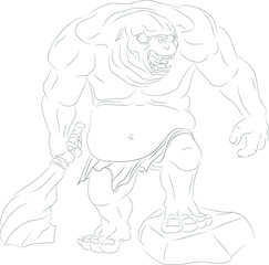 Line art of cave troll with stone thick stick. Vector illustration of cave troll holding huge club carved out of stone in his right hand and placing his left foot on large cobblestone.