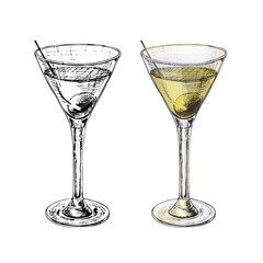 Martini cocktail with olive. Vintage engraving vector