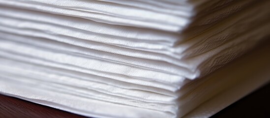 A stack of white towels rests on a hardwood table, creating a contrast of tints and shades. The woods pattern adds texture and transparency to the composition