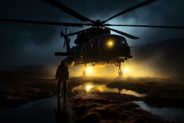 Rescue helicopter touching down in mountainous terrain for emergency search and rescue operation - obrazy, fototapety, plakaty