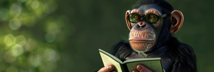 Intelligent monkey reading a book in nature, education and wildlife awareness concept
