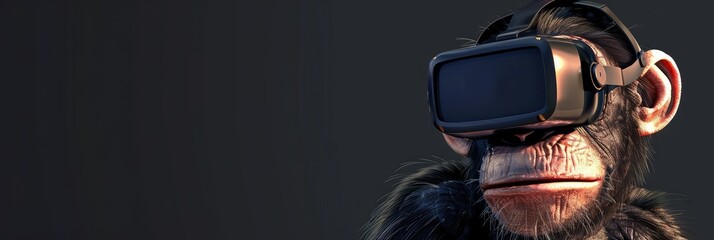 Contemplative chimpanzee with virtual reality headset against dark background, virtual discovery concept
