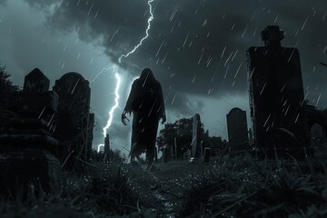 Silhouette of a sinister reaper in a cemetery - obrazy, fototapety, plakaty