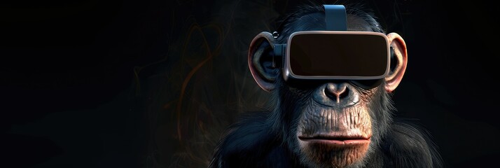 Monkey  with virtual reality headset in darkness, technology immersion and gaming concept

