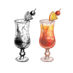 Sex on the beach cocktail with cherry and lemon. Vintage hatching