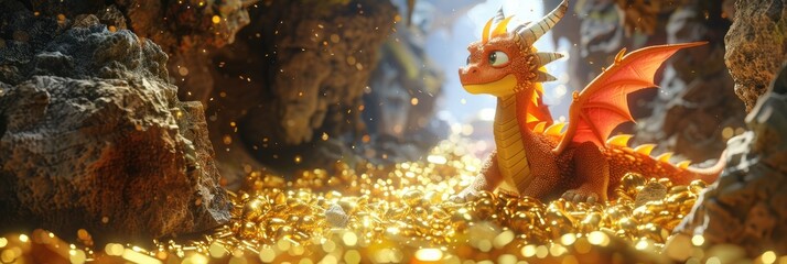 Dragon hoarding gold in a cave, a fantastical depiction of wealth and mythical treasure-guarding creatures
