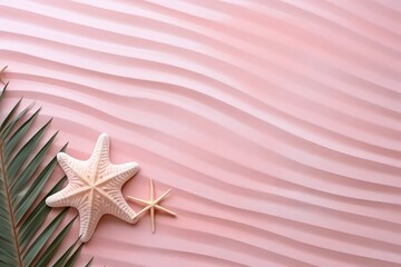 Fototapeta na wymiar Seashells, starfish and palm leaves on pink sand background. Summer vacation on beach, travel and holiday concept for card or banner. Flat lay, top view with copy space 