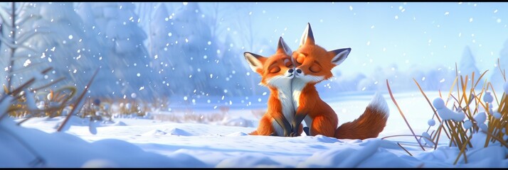 Two foxes in a snowy landscape, showcasing affection and survival in the winter wilderness
