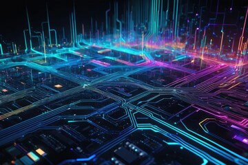 Abstract digital background illustrating technological processes, synapse-like neural networks, and AI circuits, resembling digital storages with intertwined sound and graphic waveforms