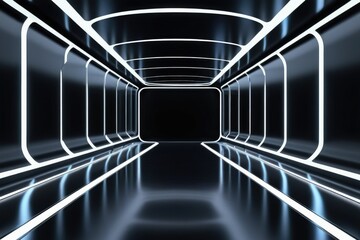 Abstract space technology tunnel, silver lined floor, futuristic corridor with neon lighting spans across a 3D room, white empty stage surrounded by black walls, leading into a modern, silver-toned