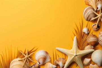 Seashells, starfish and palm leaves on bright yellow  background. Summer vacation on beach, travel and holiday concept for card or banner. Flat lay, top view with copy space 