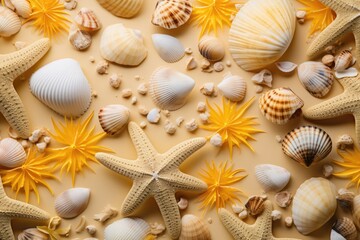Fototapeta na wymiar Seashells, starfish and palm leaves on beige sand background. Summer vacation on beach, travel and holiday concept for card or banner. Flat lay, top view with copy space 