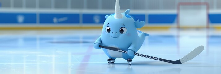 A cute blue creature with white horns playing ice hockey