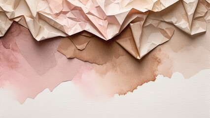 Crumpled paper texture immersed in gradients of pastel pink and sepia brown using aquarelle watercolor paint, capturing the interplay of light and shadow, soft watercolor bleeds