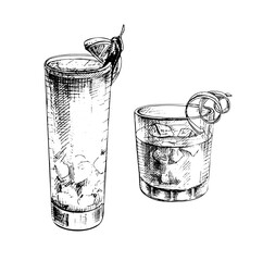 Negroni and Vampiro pepper cocktail with ice cube and twist slice lemon. Vector vintage hatching