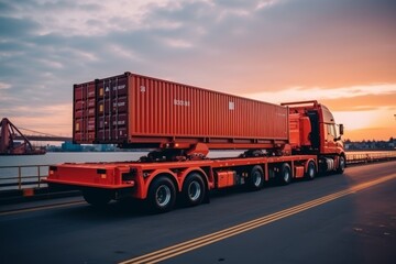 Cargo container crane loading from truck to ship in international port logistics concept