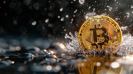 Single Golden Bitcoin tokens splashing on water, symbolizing investment and financial analysis in cryptocurrency.
