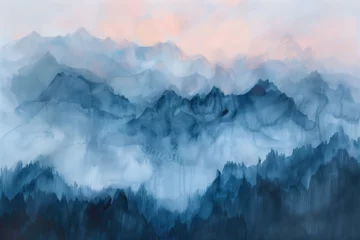Fotobehang Mountain range in blue and pink watercolors © Aleksandra