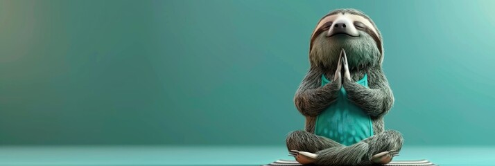 A cute sloth doing yoga, with a teal background