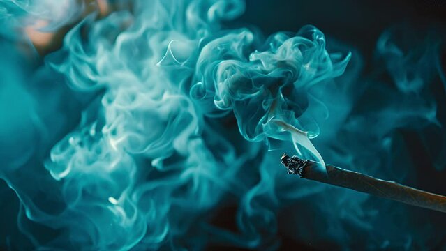 Slow motion close up macro shot of a cannabis blunt burning with smoke and light moving through the shot against a dark background