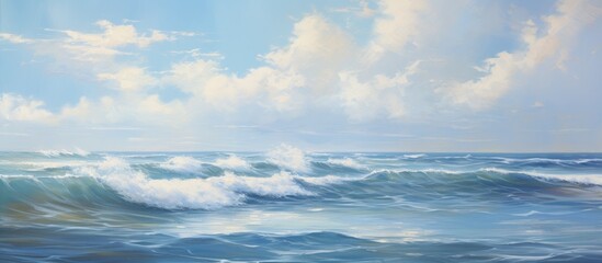 A natural landscape painting capturing the calm horizon with wind waves creating fluid movements in the water, under a cloudy sky
