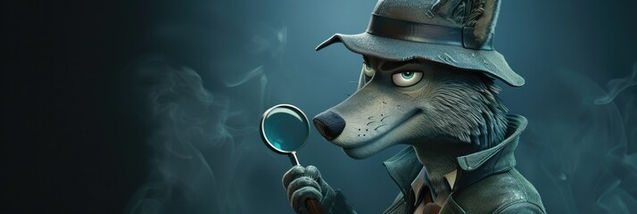 Detective wolf with magnifying glass in fog, concept of mystery and investigation, evoking themes of sleuthing and crime solving - obrazy, fototapety, plakaty