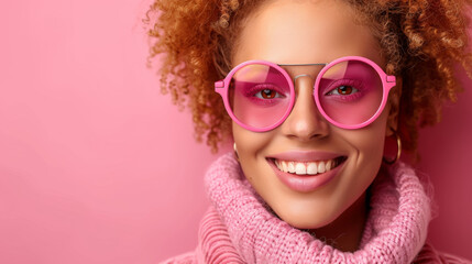 Studio photo of girl with big pink glasses on pink background