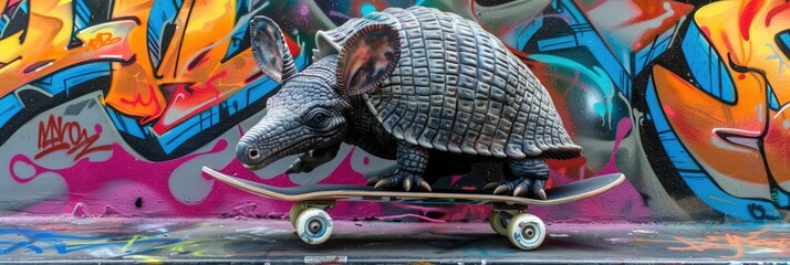 Armored armadillo on a skateboard in front of graffiti, concept of urban wildlife and rebellious spirit, evoking themes of street culture and agility