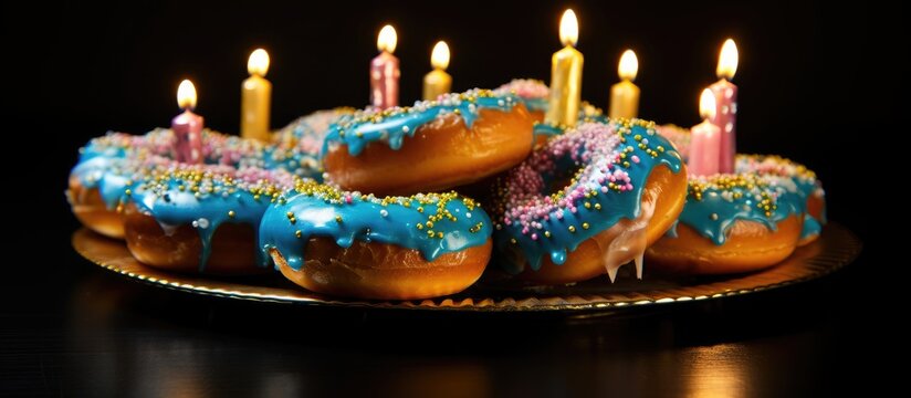 A visually striking display of electric blue donuts with candles, resembling a piece of art on a table. A fun and festive event with fashion accessorylike body jewelry and leisurely vibes
