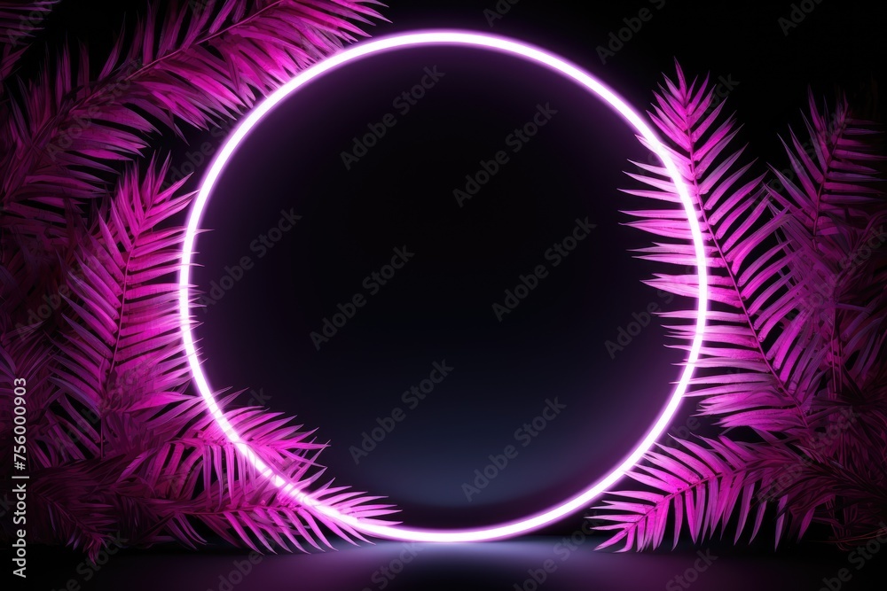 Wall mural blue neon frame surrounded by palm branches. glowing neon border. jungle summer disco party. exotic 