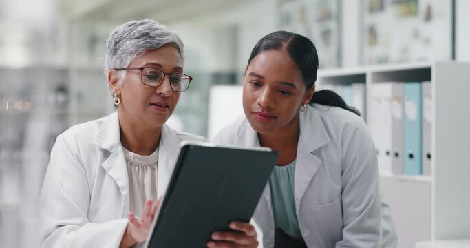 Science, consulting and team of women with tablet for medical study, results or online review. Digital app, research and scientist in laboratory with technician checking report on healthcare website.