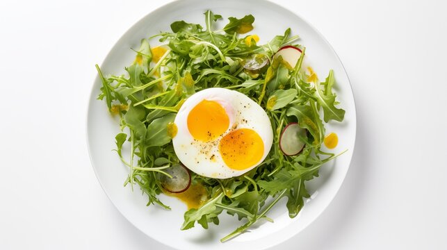 Picture showcasing SUNNY SIDE UP FARM EGG paired with a MIXED GREEN SALAD, dressed with LEMON VINAIGRETTE, presented on a white round plate against a white background, photographed from above