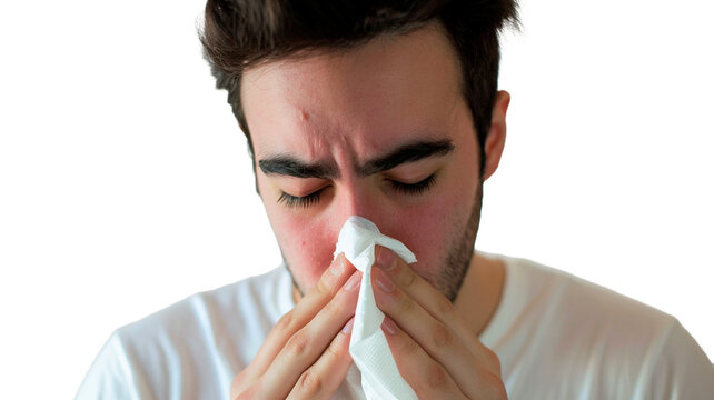 Portrait of ill or sick male blowing nose and sneezing for allergies, sick with influenza and tissue isolated on transparent PNG or white background. 

