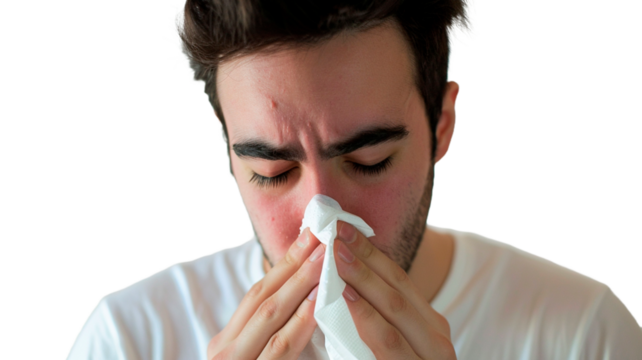 Portrait of ill or sick male blowing nose and sneezing for allergies, sick with influenza and tissue isolated on transparent PNG or white background. 

