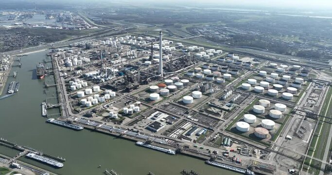 Energy and Chemicals Park Rotterdam, port of Rotterdam, Pernis. oil processing and chemical factories. Aerial birds eye drone view.