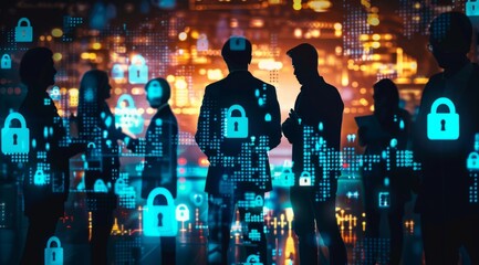A group of business people standing in front of digital screens with security icons and padlock symbols The background is blurred to emphasize their silhouettes against technology imagery Generative A