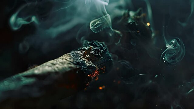 Slow motion close up macro shot of a embers on 
 a cannabis blunt burning with smoke and light moving through the shot against a dark background