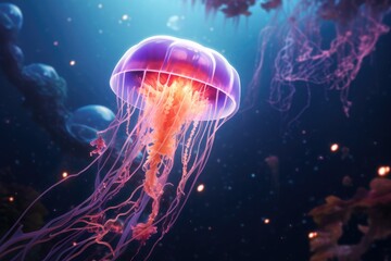 Colorful jellyfish swimming underwater. Aurelia jelly fish on blurred dark background. Beautiful marine life, save ocean. World ocean day - obrazy, fototapety, plakaty