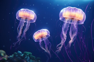 Colorful jellyfish swimming underwater. Aurelia jelly fish on blurred dark background. Beautiful marine life, save ocean. World ocean day