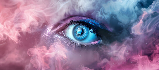 A mesmerizing close-up of a woman's eye, adorned with stars, glowing light, and ethereal aether clouds, creates a captivating cosmic wonder and a sense of ethereal beauty. - obrazy, fototapety, plakaty
