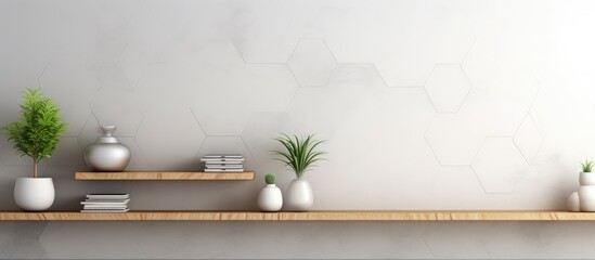 Modern room with minimalist TV shelf and decorative items displayed on white hexagon tile background.