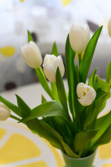 Close-up of a bunch bouquet of beautiful white tulips indoors. - 756002936