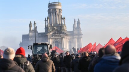 Farmers protesting tax increases and benefit abolition in city streets, standing with tractors - obrazy, fototapety, plakaty