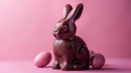 chocolate easter bunny with eggs decoration, isolated on pink background. luxury chocolate, easter holiday. delicious milk, dark chocolate bunny.