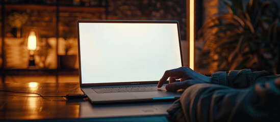 A user works on a laptop with a blank white screen in a dimly lit evening setting, offering a tranquil workspace ambience.