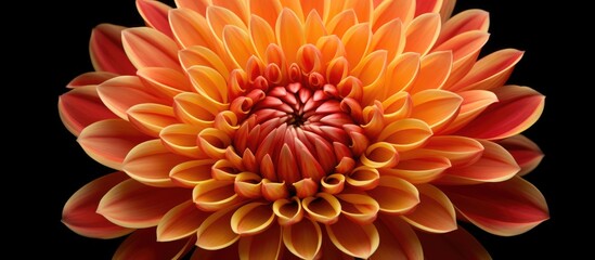 A closeup photograph of an orange and red flower on a black background showcasing the beauty of nature and botany. The intricate petals of this annual plant are highlighted in stunning detail